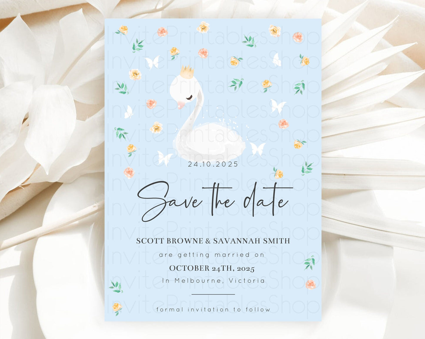 Swan Save The Date Template Swan Princess Ballet Party Enchanted Swan Lake Secret Garden Pastel Floral Birthday Baptism Baby Shower  D10903