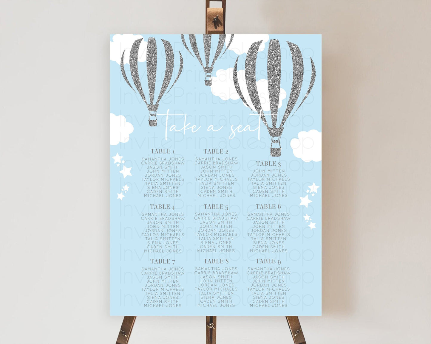 Hot Air Balloon Seating Chart Hot Air Balloon Seating Chart Adventure Awaits Up & Away Glitter Blue Watercolor Seating Take a Seat D10335