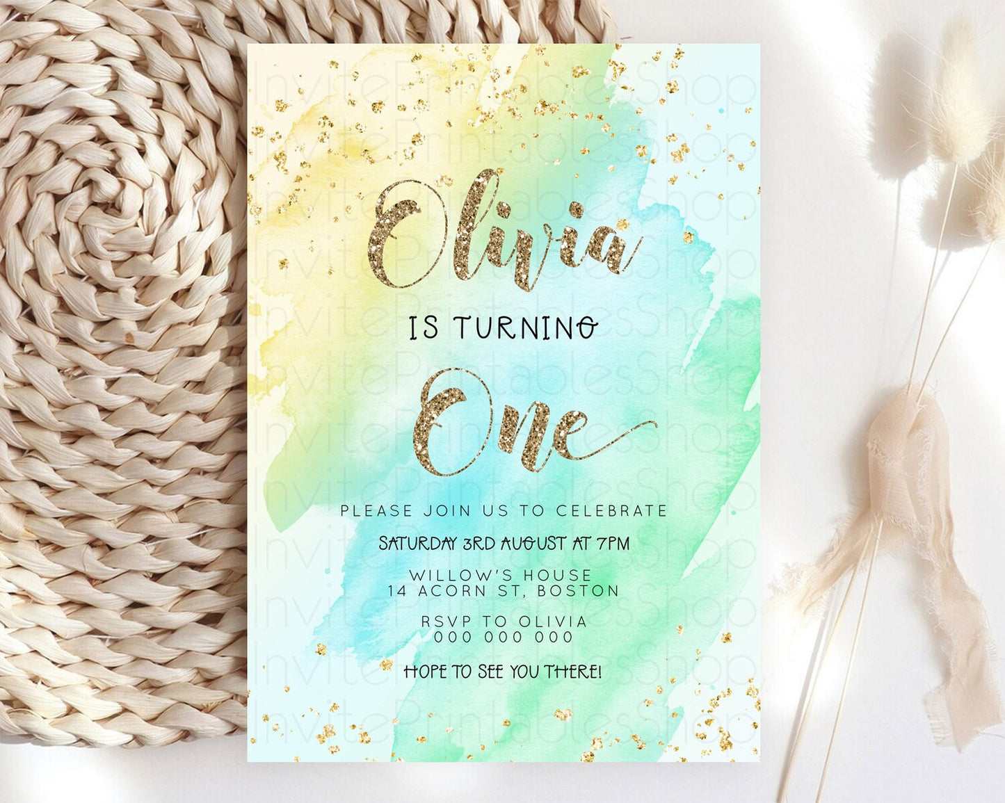 Rainbow Birthday Invitation Colorful Pastel Watercolor Invitation Gold Glitter Sprinkles Ombre Pastel 1st 2nd 3rd Birthday D23289