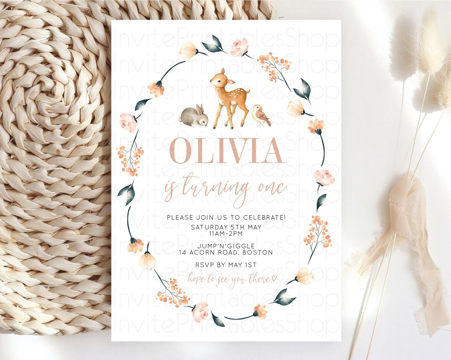 Fawn Birthday Invitation Deer Birthday Invitation Enchanted Forest Party Butterfly Pastel Flowers Whimsical 2nd 1st First Birthday D10241