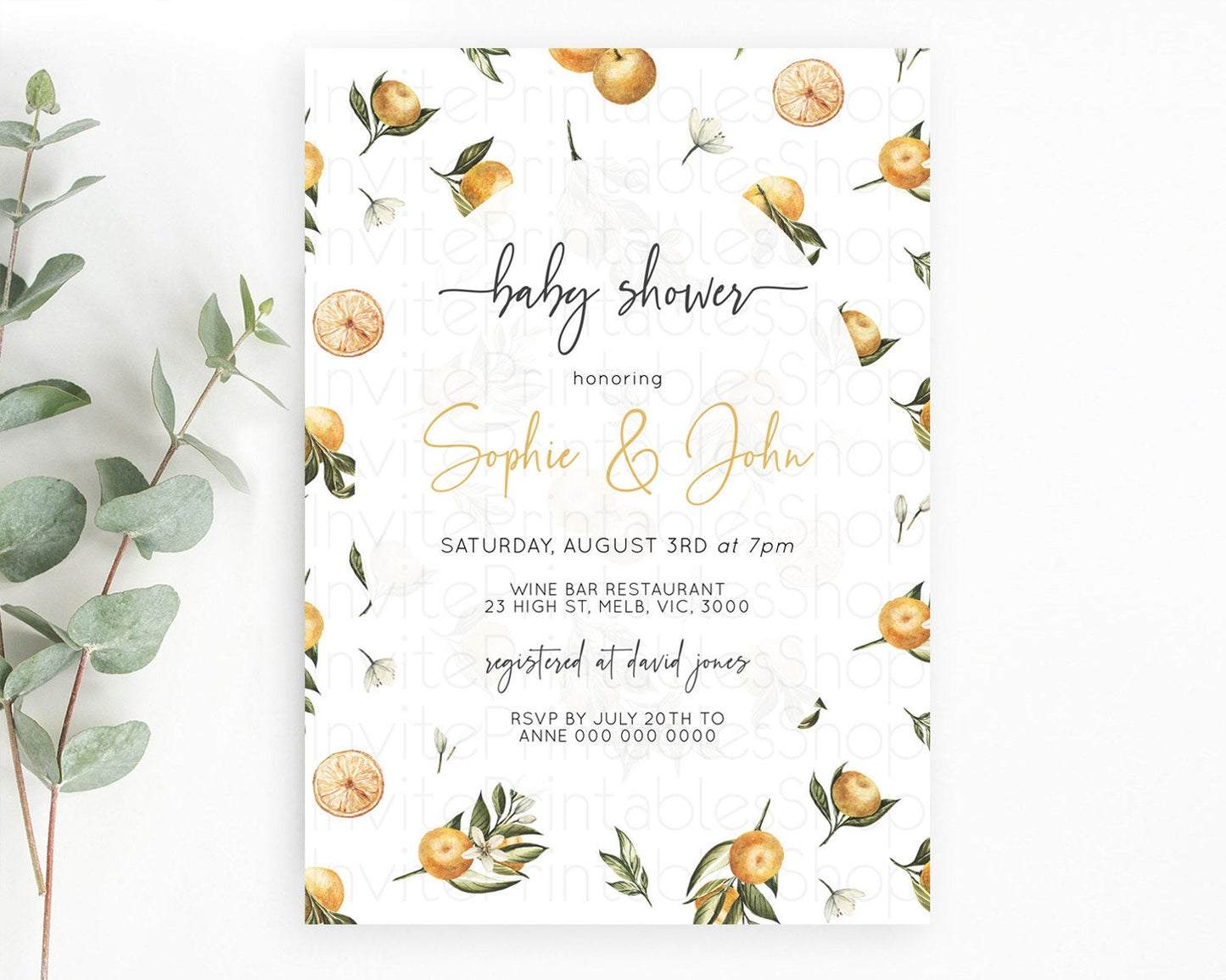 Citrus Baby Shower Invitation Orange Lemon Invitation Citrus Floral Garden Theme Citrus Floral Watercolor Invitation D10545