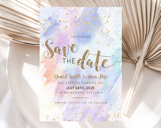 Pastel Save The Date Template Pastel Ombre Rainbow Watercolor Colorful Party For Birthday Baptism Baby Shower Wedding Bridal Shower D10583