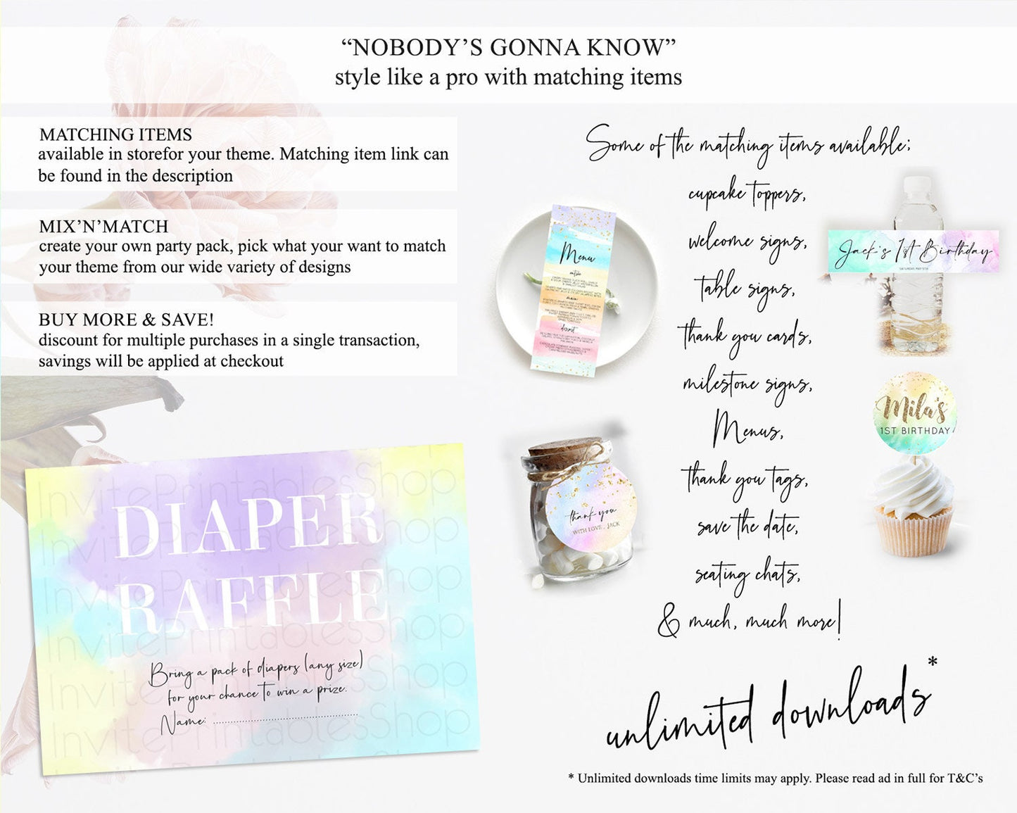 Pastel Diaper Raffle Card Pastel Rainbow Diaper Raffle Insert Colorful Ombre Watercolor Diaper Ticket Confetti Glitter Raffle Game D10617