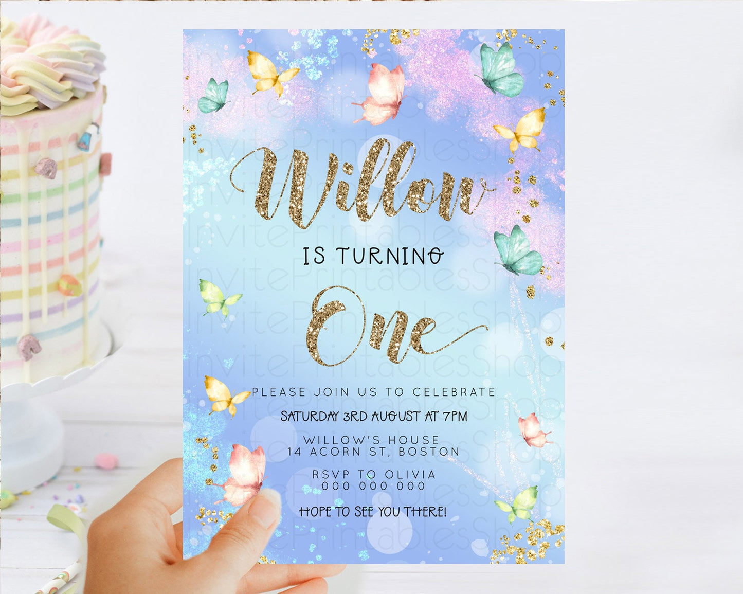 Pastel Butterfly Birthday Invitation Butterfly Birthday Invitation Colorful Splash Glitter Butterfly Garden 1st 2nd Birthday D23088
