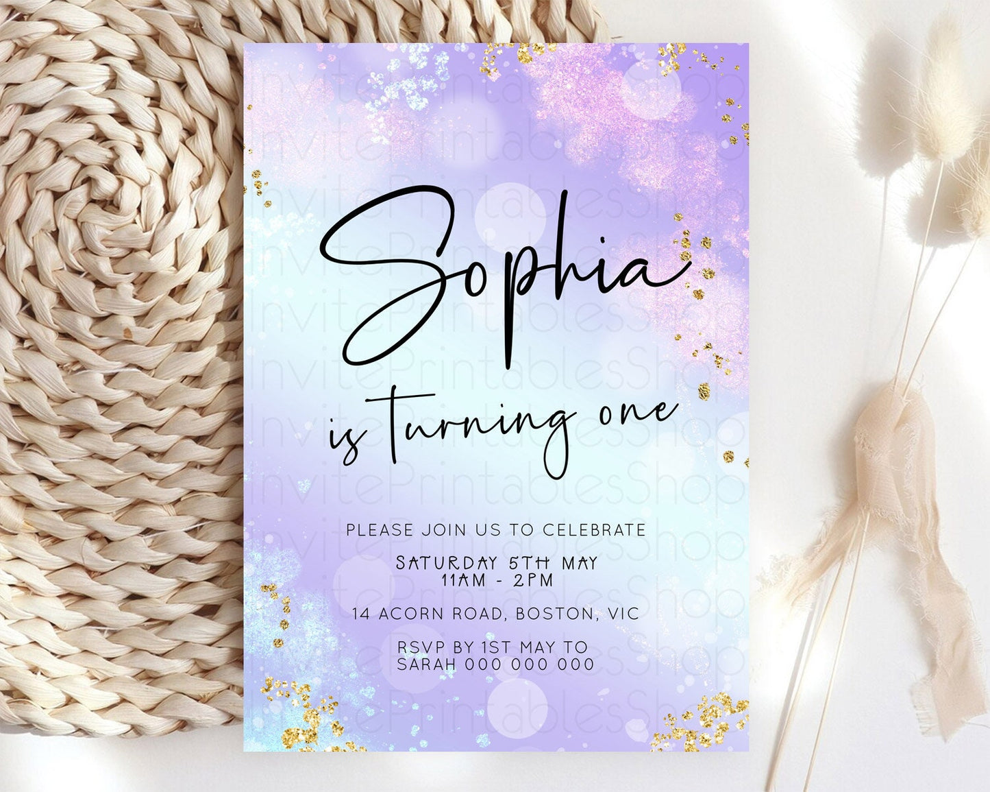 Pastel Birthday Invitation Ombre Watercolor Birthday Invitation Glitter Rainbow Color Splash 1st 2nd 3rd Birthday Invitation D23100