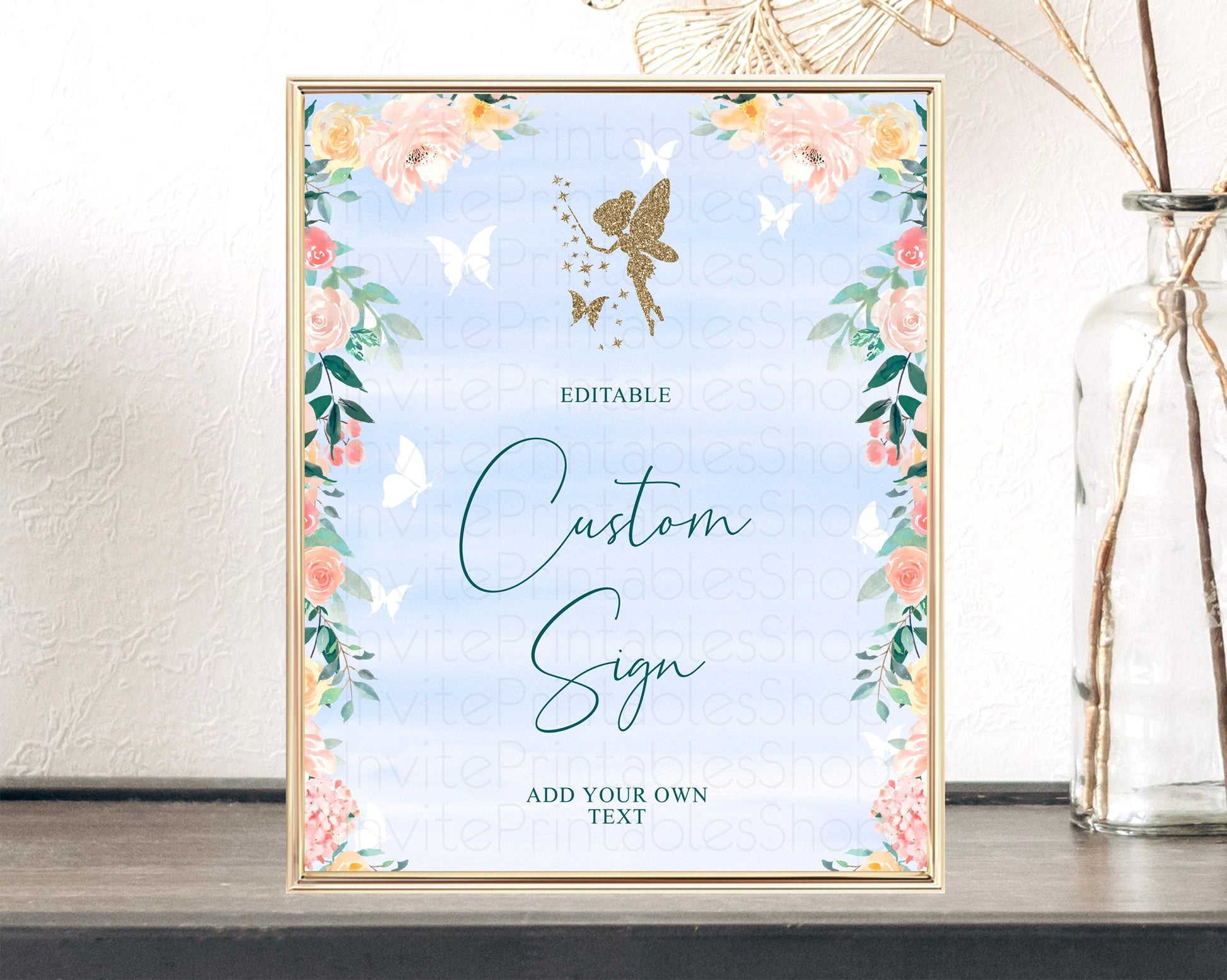Editable Fairy Sign Enchanted Garden Table Sign Decor Pastel Floral Butterfl
