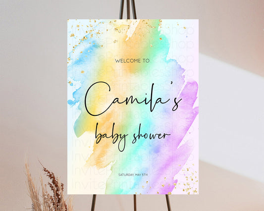 Pastel Baby Shower Welcome Sign Pastel Rainbow Welcome Sign Colorful Rainbow Confetti Watercolor Glitter Décor Pastel  Welcome Sign D10427