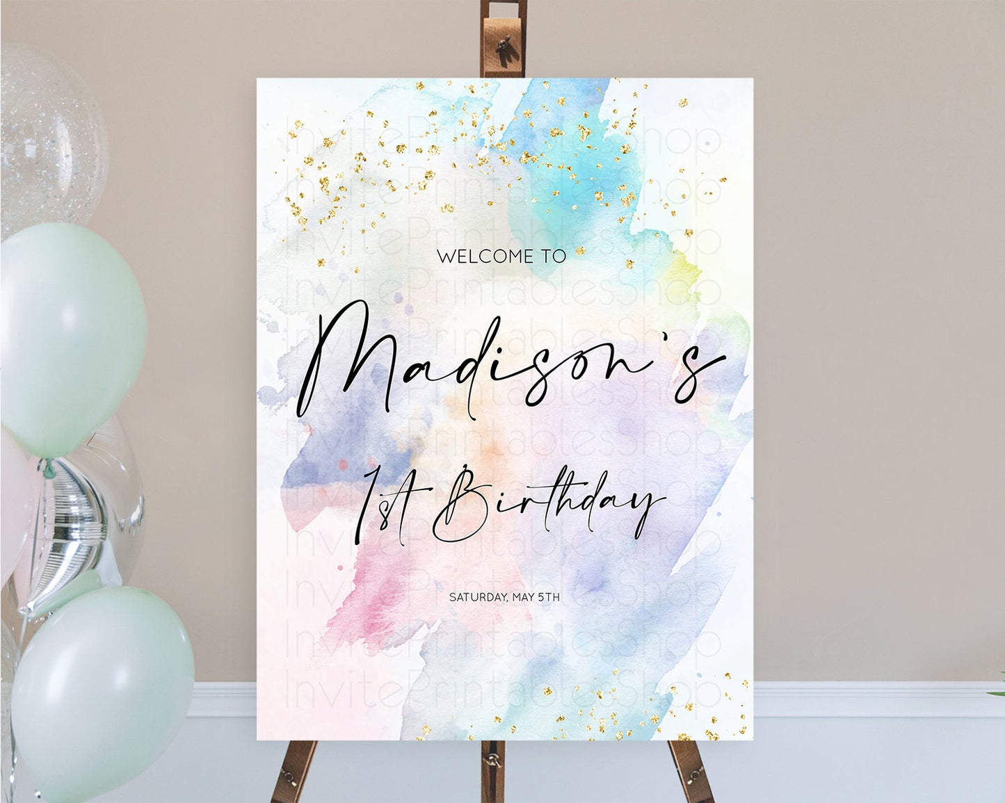 Pastel Welcome Sign Pastel Rainbow Welcome Sign Colorful Rainbow Confetti Watercolor Glitter Pastel First Birthday Welcome Sign D10420