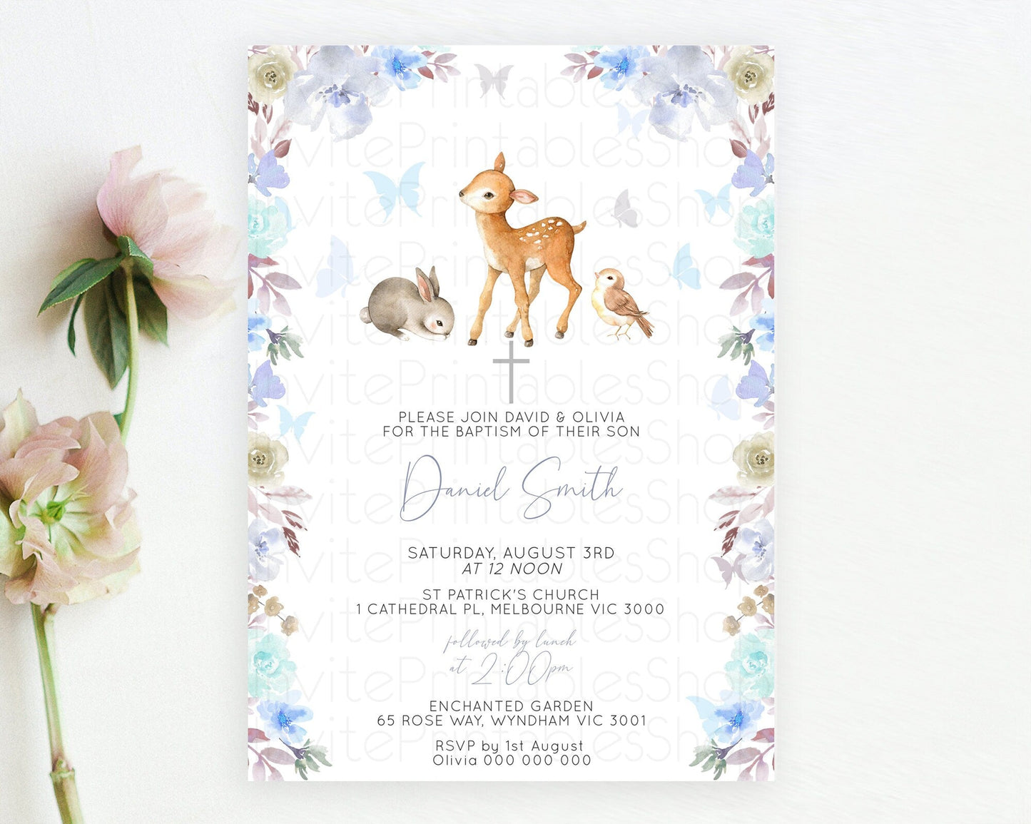 Fawn Baptism Invitation Deer Baptism 1st Birthday Invitation Enchanted Forest Christening Invitation Pastel Garden Butterfly Floral D10929