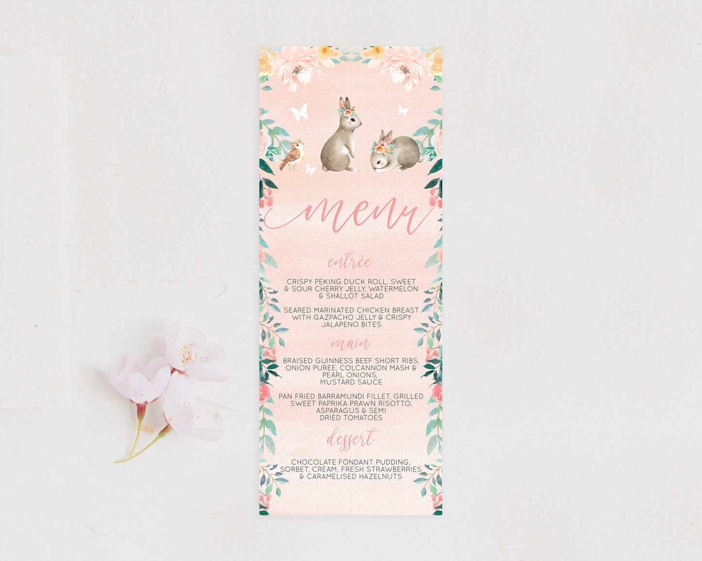 Bunny Menu Floral Bunny Menu Template Pastel Flowers Bunny Table Decor Secret Garden Bunny Dinner Dessert Menu Party Food Menu D10922