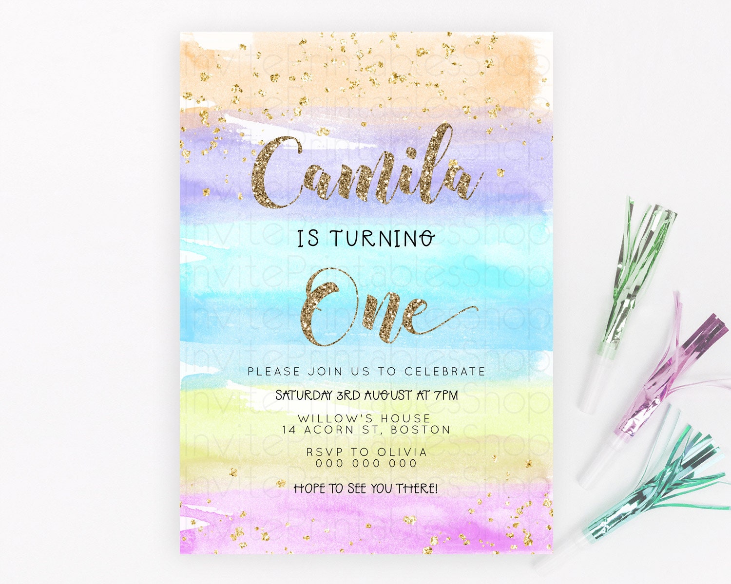 Editable Rainbow Birthday Invitation Colorful Pastel Watercolor Invitation G