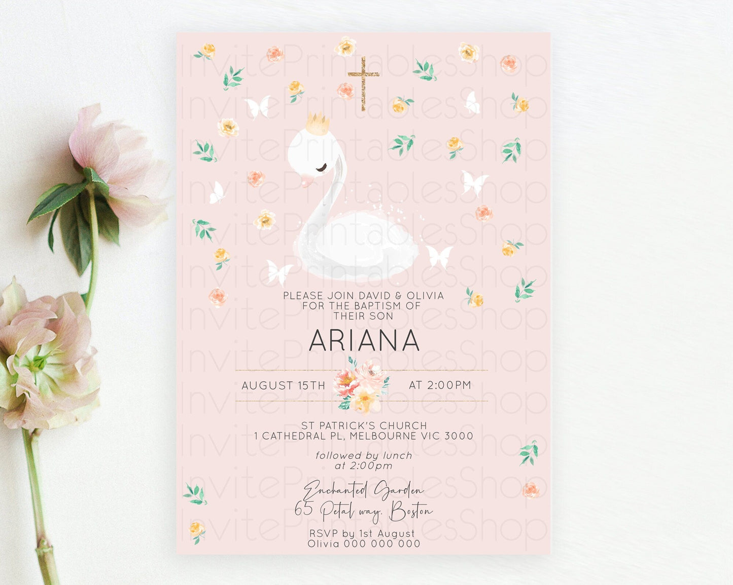Swan Lake Baptism Invitation Swan Princess Ballet Baptism 1st Birthday Enchanted Forest Secret Garden Watercolour Pastel Floral D10388