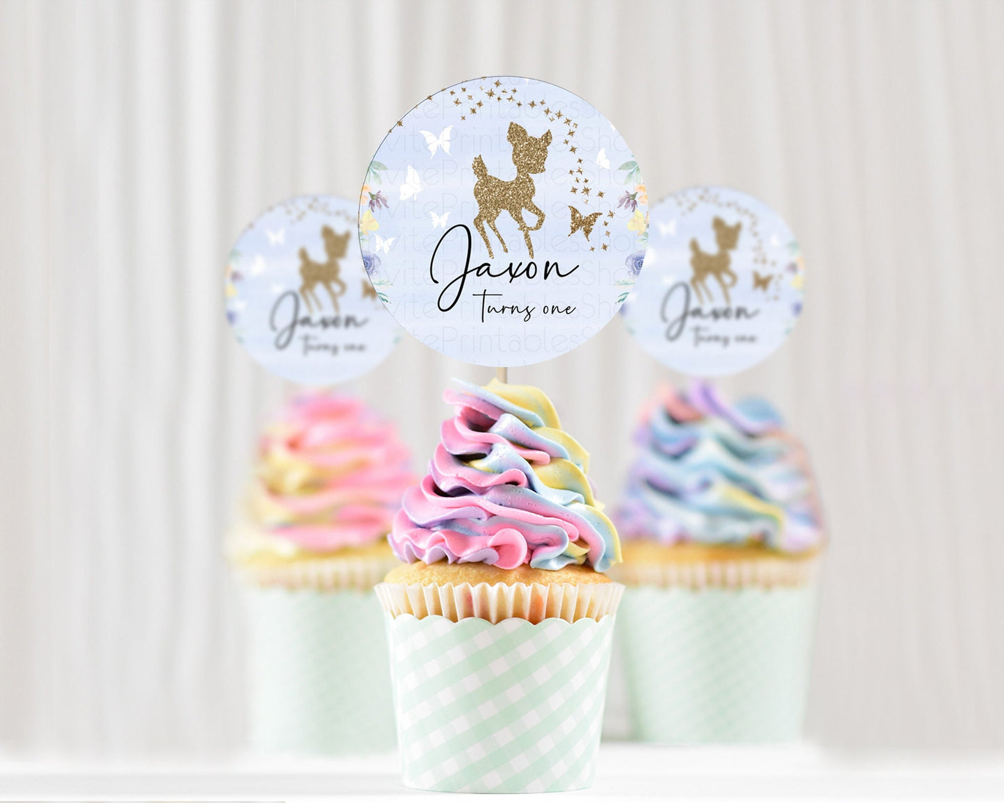 Fawn Cupcake Toppers Deer Cupcake Toppers Enchanted Forest Party Butterfly Pastel Flowers Woofland Cupcake Toppers First Birthday D10879