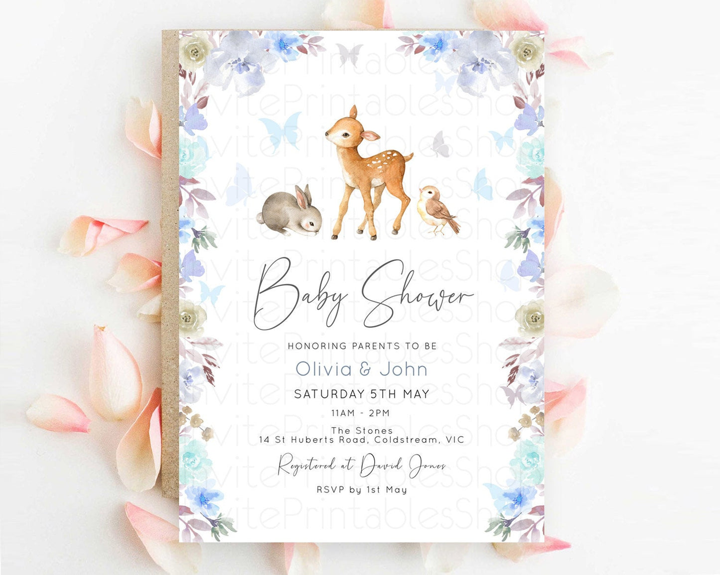 Enchanted Forest Baby Shower Invitation: Fawn, Butterflies, Pastel Blue Grey Flowers, Floral - Woodland Gender Reveal, Secret Garden D10929