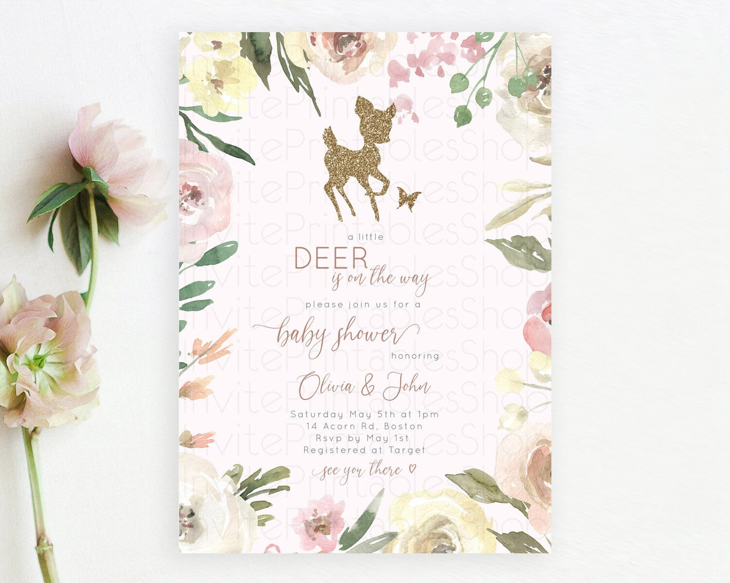 Fawn Baby Shower Invitation: Glitter Deer, Whimsical Butterflies, Secret Garden, Pastel Flowers, Pink Yellow Floral, Enchanted Forest D10193