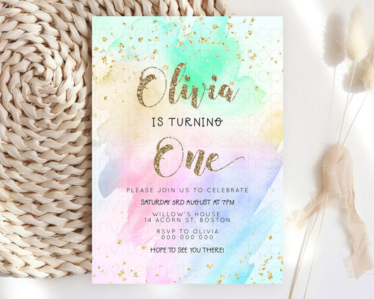 Editable Rainbow Birthday Invitation Colorful Pastel Watercolor Invitation G