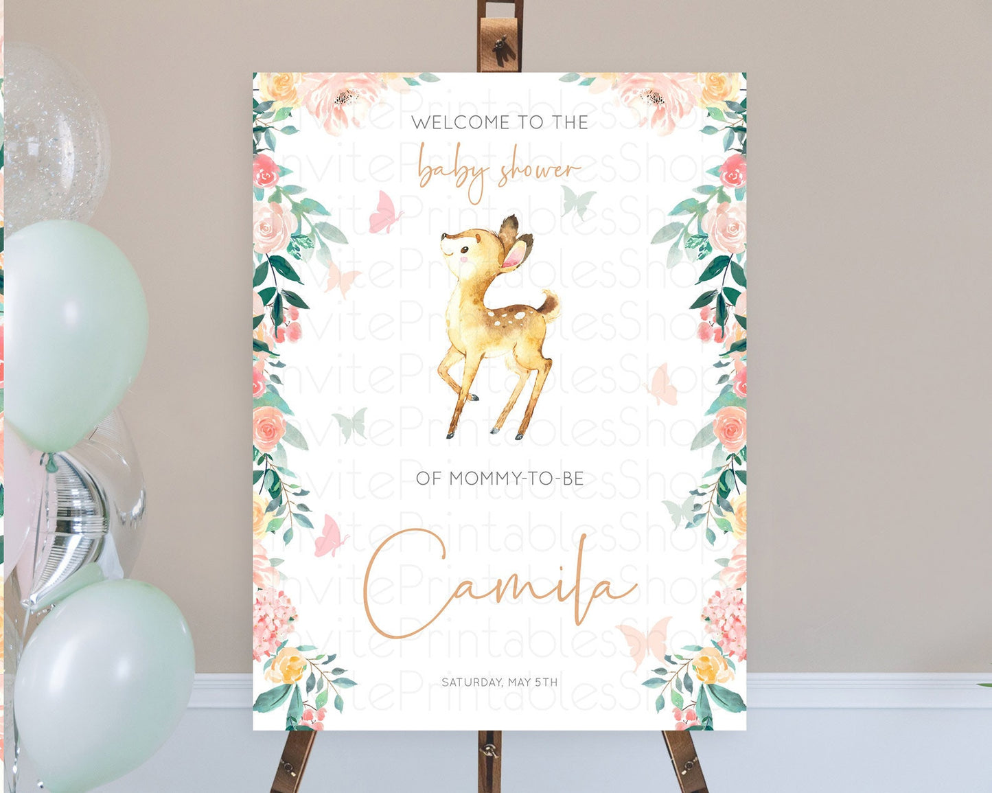 Fawn Baby Shower Welcome Sign Deer Welcome Board Floral Deer Welcome Poster Enchanted Forest Butterfly Pastel Floral Welcome Sign D10753