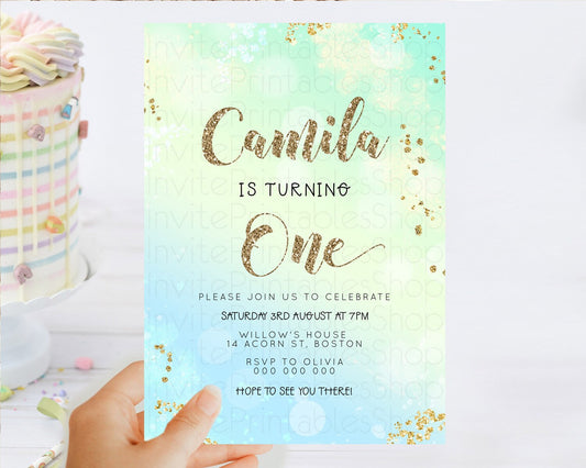 Green Birthday Invitation green Watercolor Invitation Pastel green Watercolor Invitation green Splash Gold Invitation First Birthday D23114