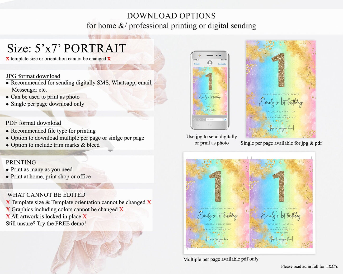 Rainbow Birthday Invitation Colorful Pastel Watercolor Invitation Gold Glitter Sprinkles Ombre Pastel 1st 2nd 3rd Birthday D10559