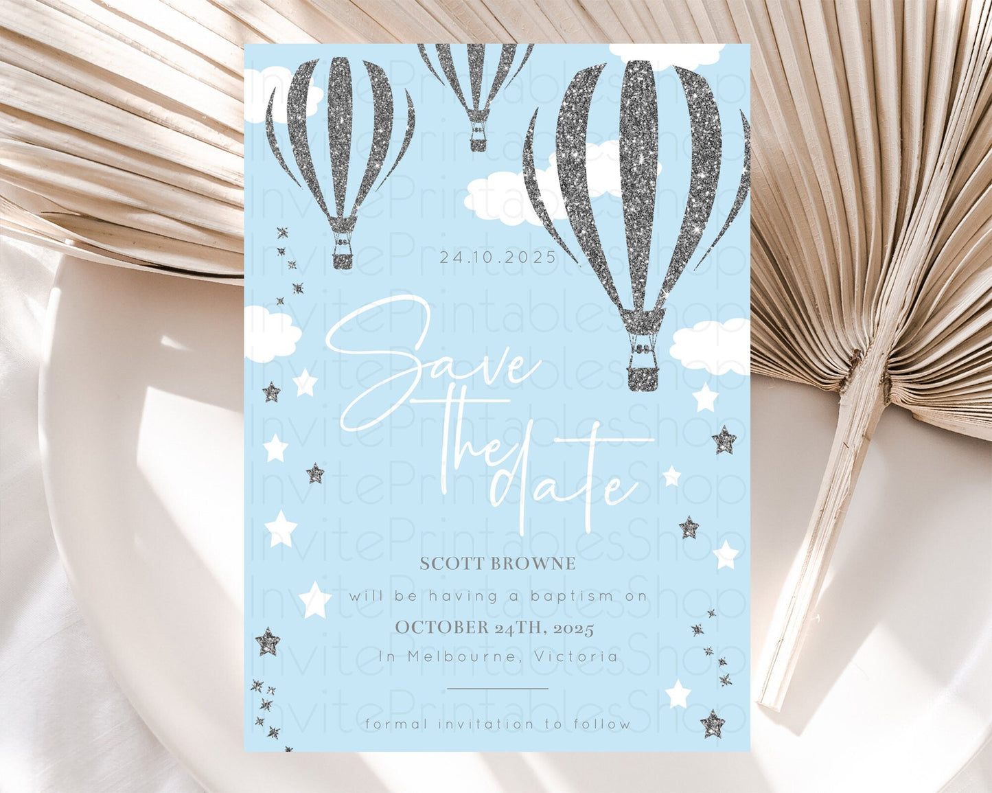 Hot Air Balloon Save The Date Template Adventure Awaits Mr. ONEderful Party 1st Birthday Baptism Baby Shower D10335