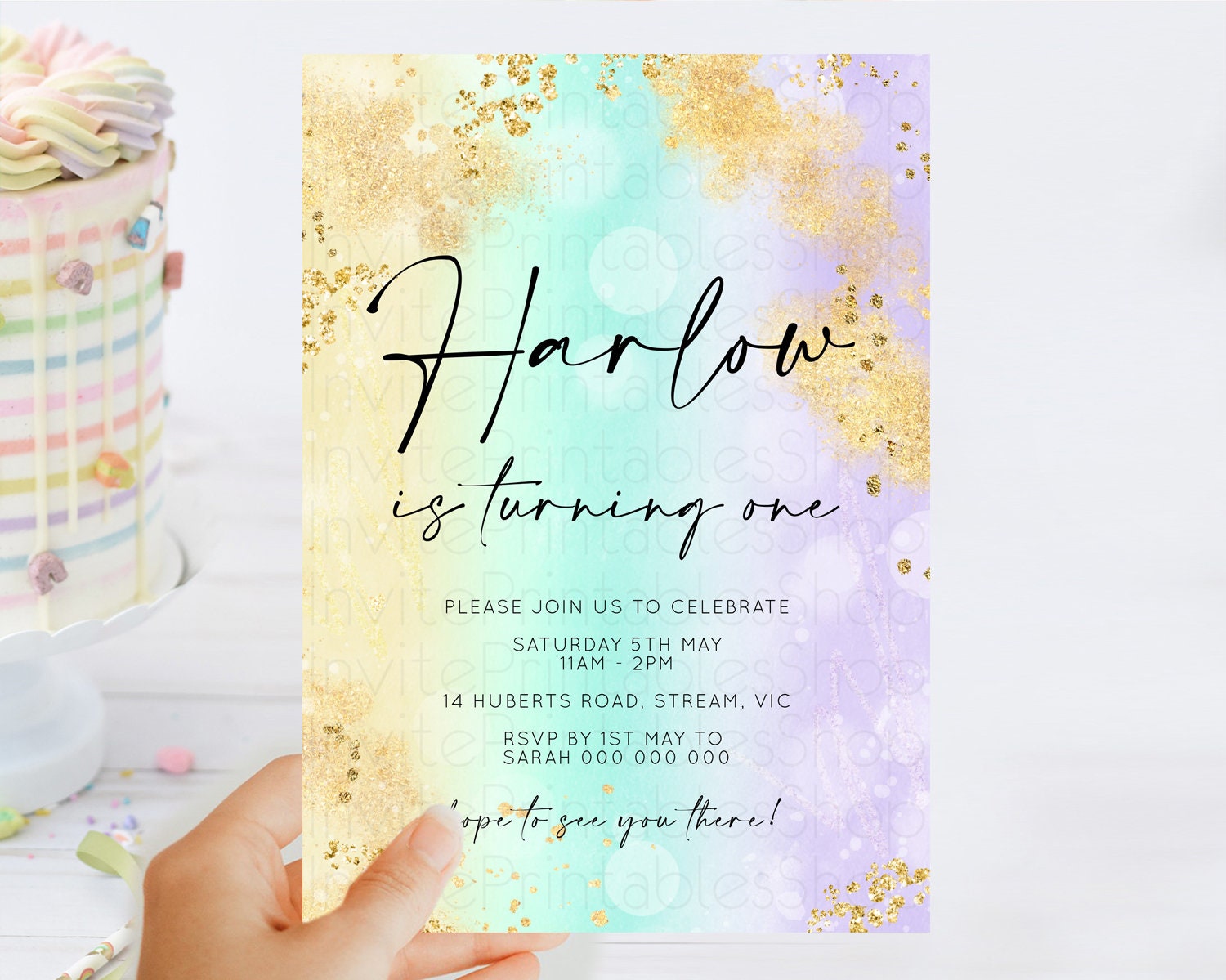 Editable Rainbow Birthday Invitation Colorful Pastel Watercolor Invitation G