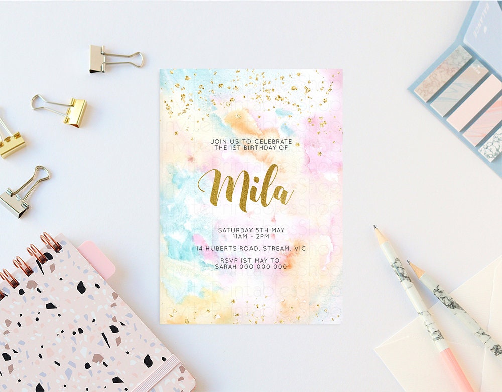 Rainbow Birthday Invitation Pastel Birthday Invitation Colorful Watercolor Invite Ombre Pastel Invitation Gold Glitter Sprinkles Invite 566