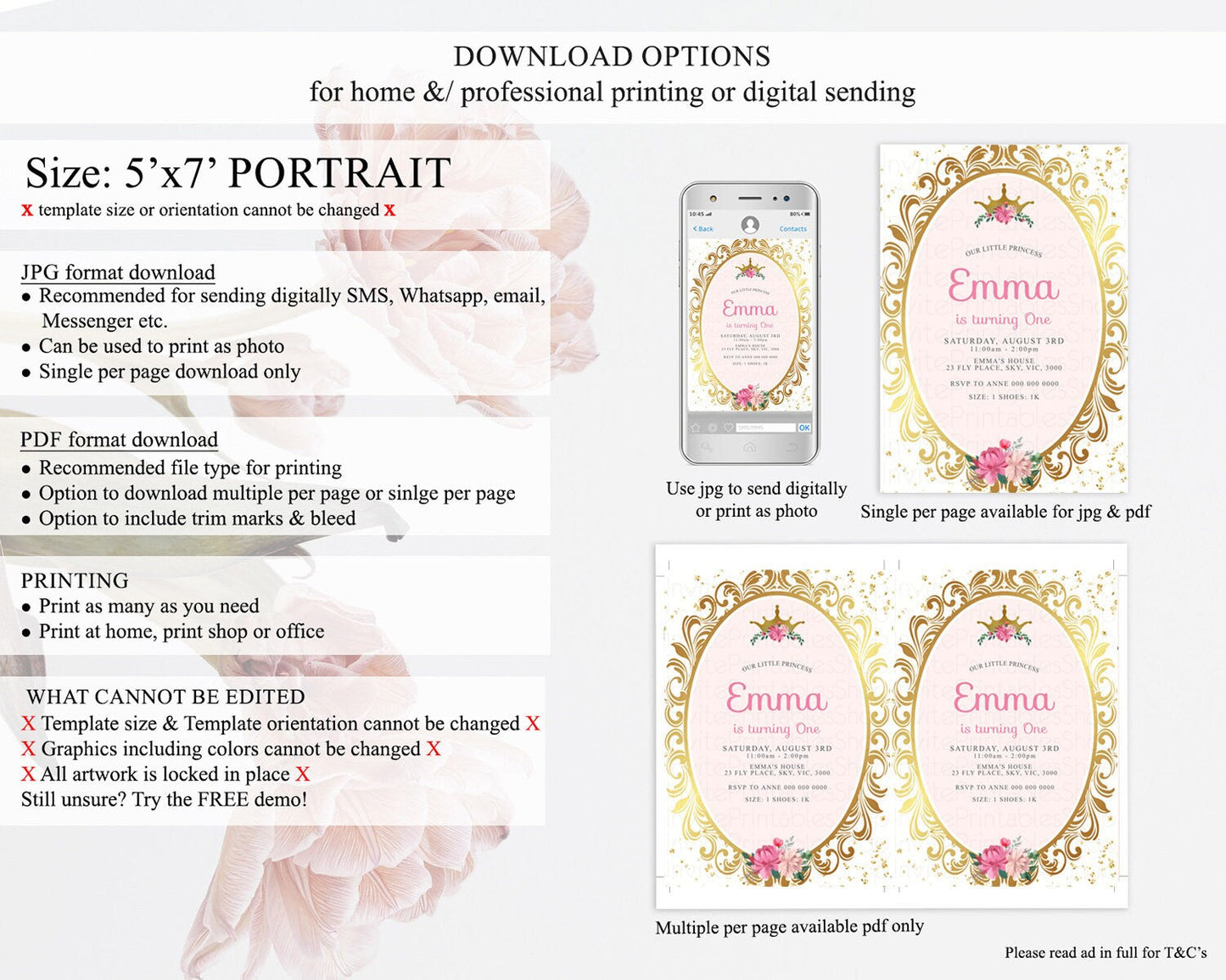 Princess Birthday Invitation Castle Invitation Royal Birthday Fairy Tale Enchanted Mirror Pastel Floral Garden 1st First Birthday D10128