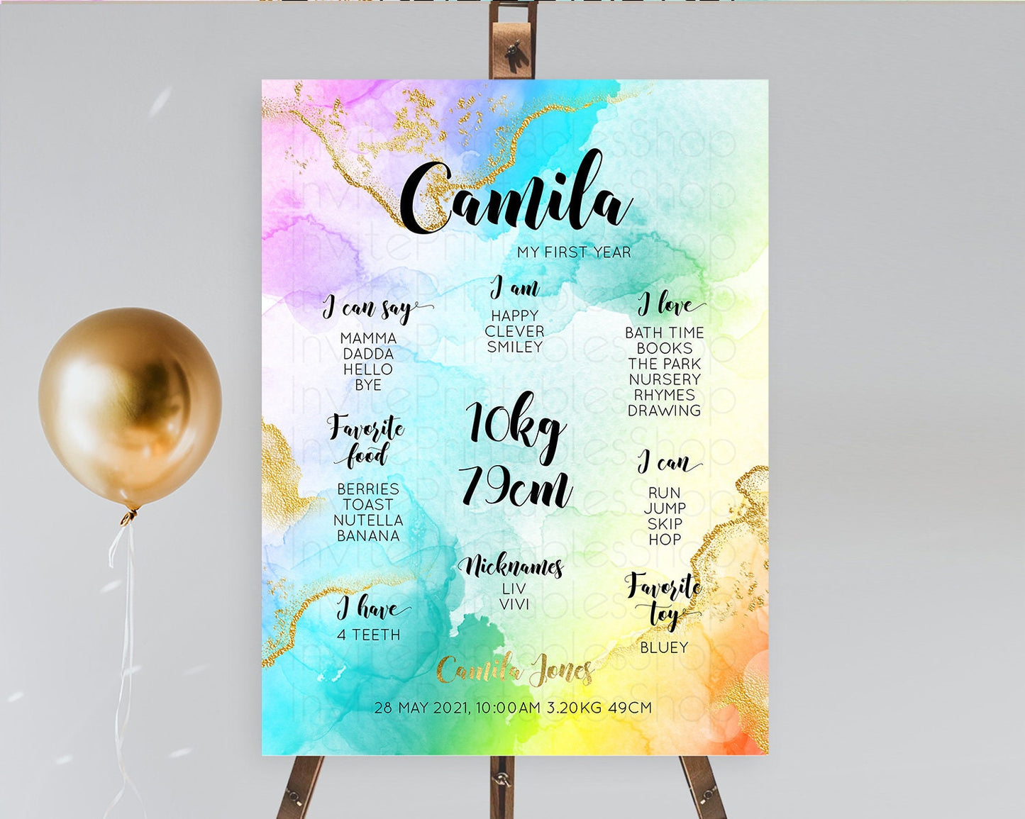 Pastel First Birthday Milestone Board Pastel Rainbow Milestone Poster Colorful Confetti Watercolor Glitter 1st Birthday Welcome Sign D10392
