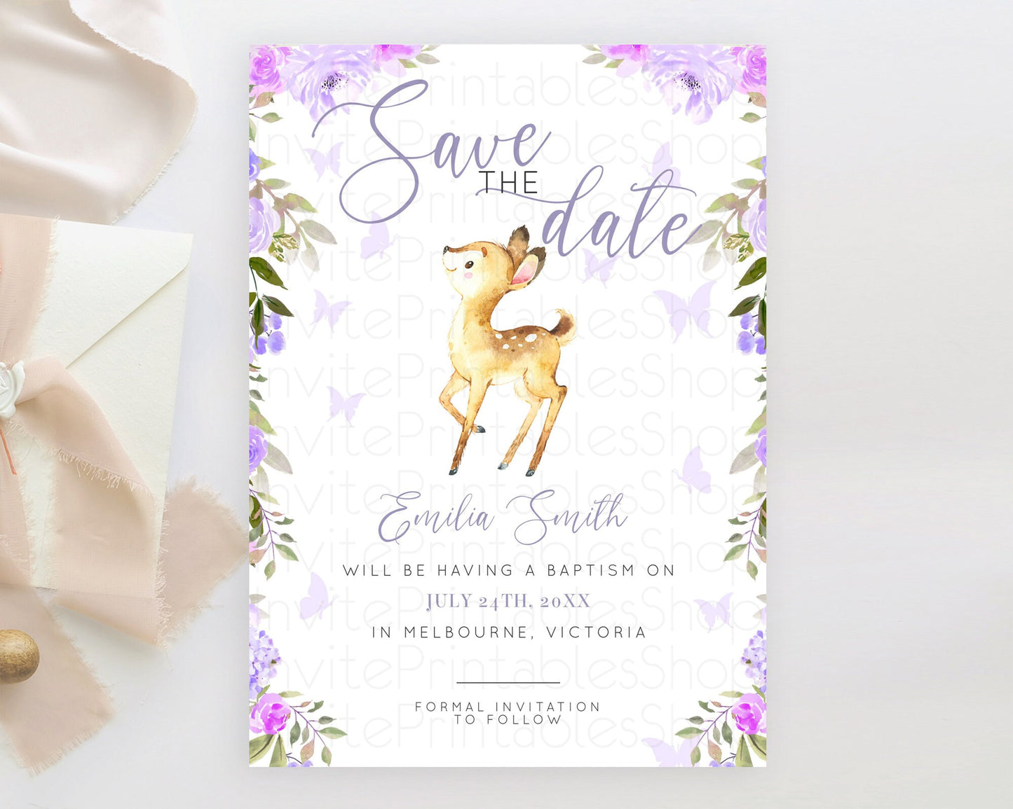 Fawn Deer Save The Date Template Pastel Floral Deer Enchanted Forest Butterfly Party 1st Birthday Baptism Baby Shower Bridal Shower D10916