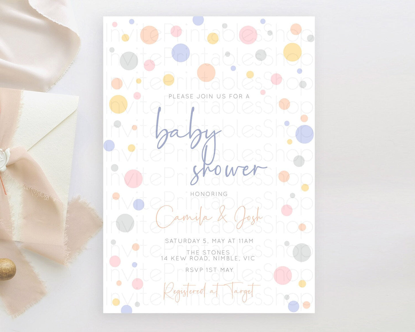 Pastel Rainbow Baby Shower Invitation, Colorful Confetti Sprinkles & Bubbles in Rainbow Soft Pink, Yellow, and Blue POP Invitation D10759