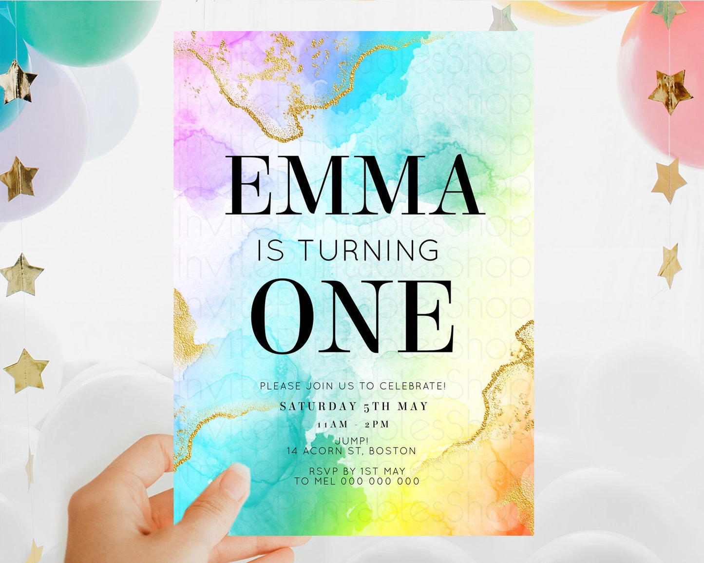Rainbow Birthday Invitation Colorful Pastel Watercolor Invitation Gold Glitter Sprinkles Ombre Pastel 1st 2nd 3rd Birthday D10393
