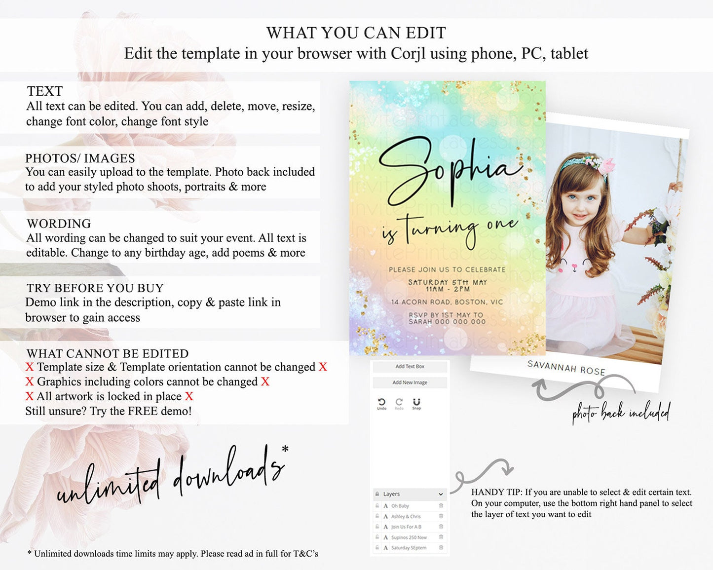 Pastel Birthday Invitation Ombre Watercolor Birthday Invitation Glitter Rainbow Color Splash 1st 2nd 3rd Birthday Invitation D23101