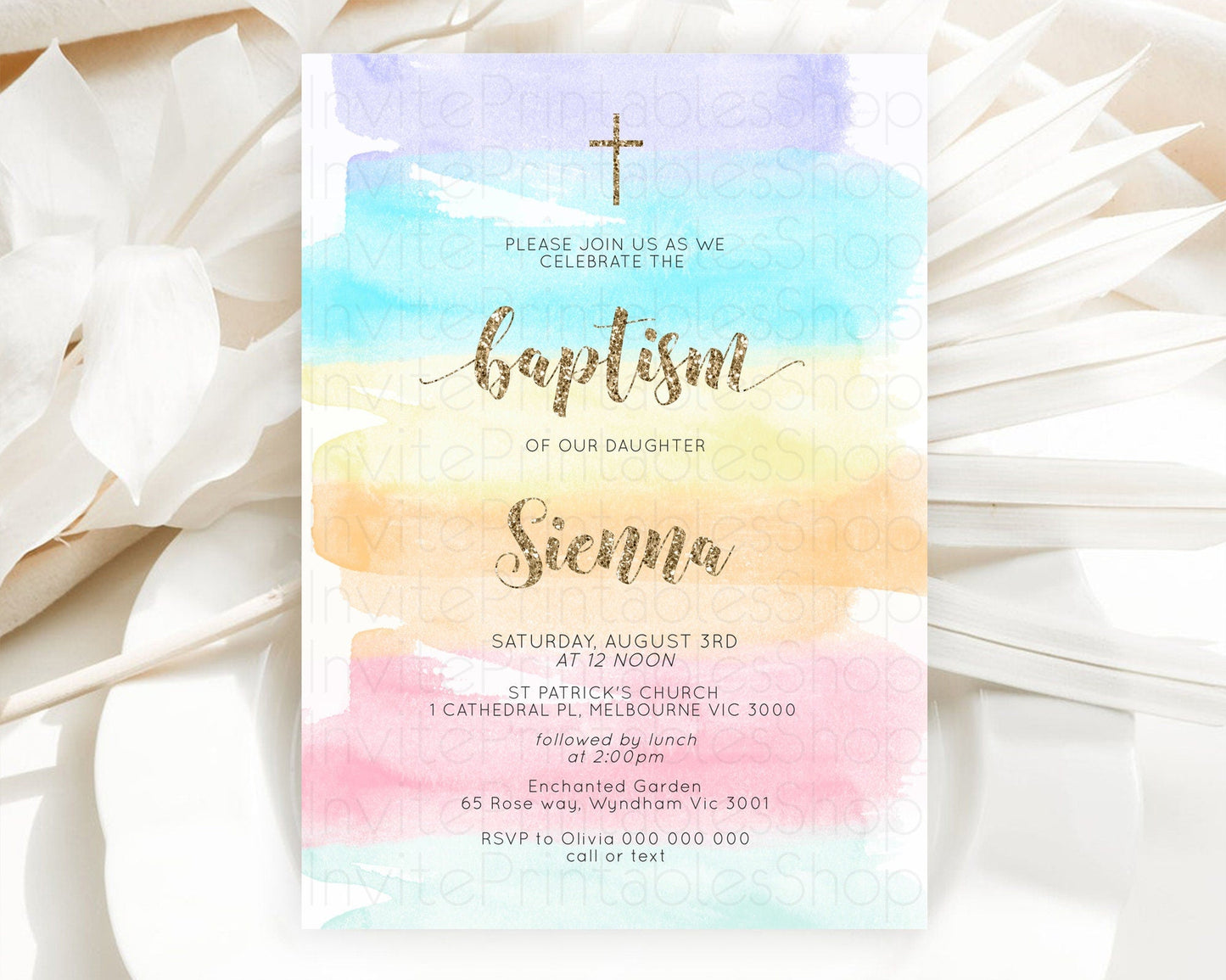 Pastel Baptism Invitation Pastel Colors Watercolor Baptism 1st Birthday Party Gold Ombre Pastel Rainbow Christening Holy Communion D10508