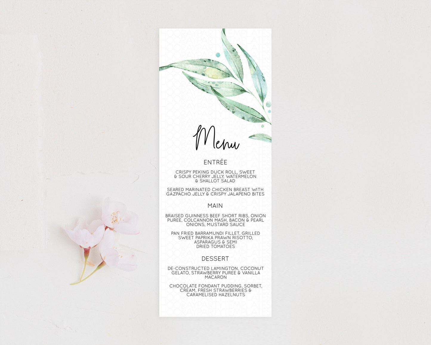 Leafy Menu Green Leaf Menu Template Eucalyptus Fern Leaves Decor Watercolor Boho Garden Leaf Branch Dinner Dessert Party Food Menu D11014