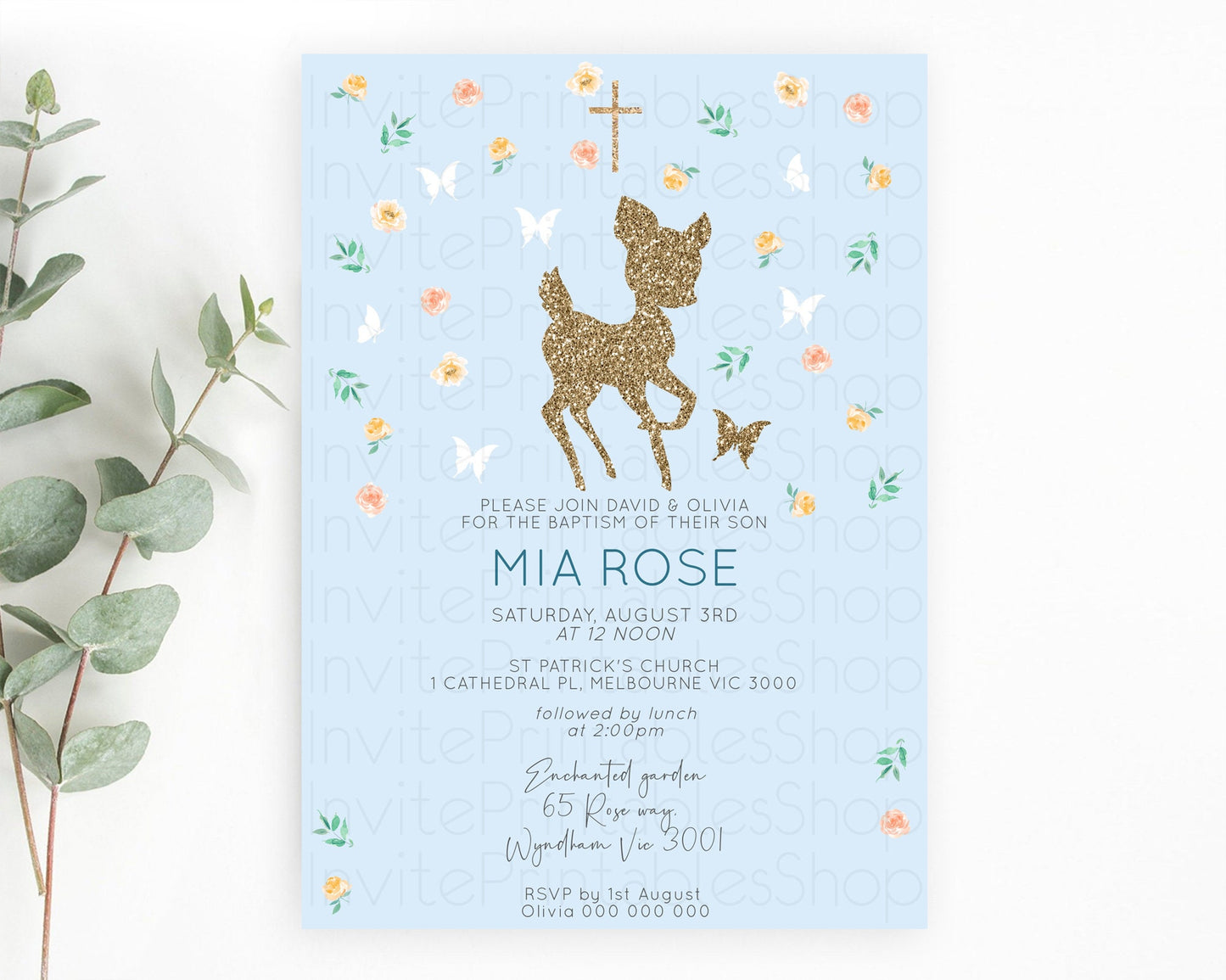 Fawn Baptism Invitation Deer Baptism 1st Birthday Invitation Enchanted Forest Christening Invitation Pastel Garden Butterfly Floral D10902