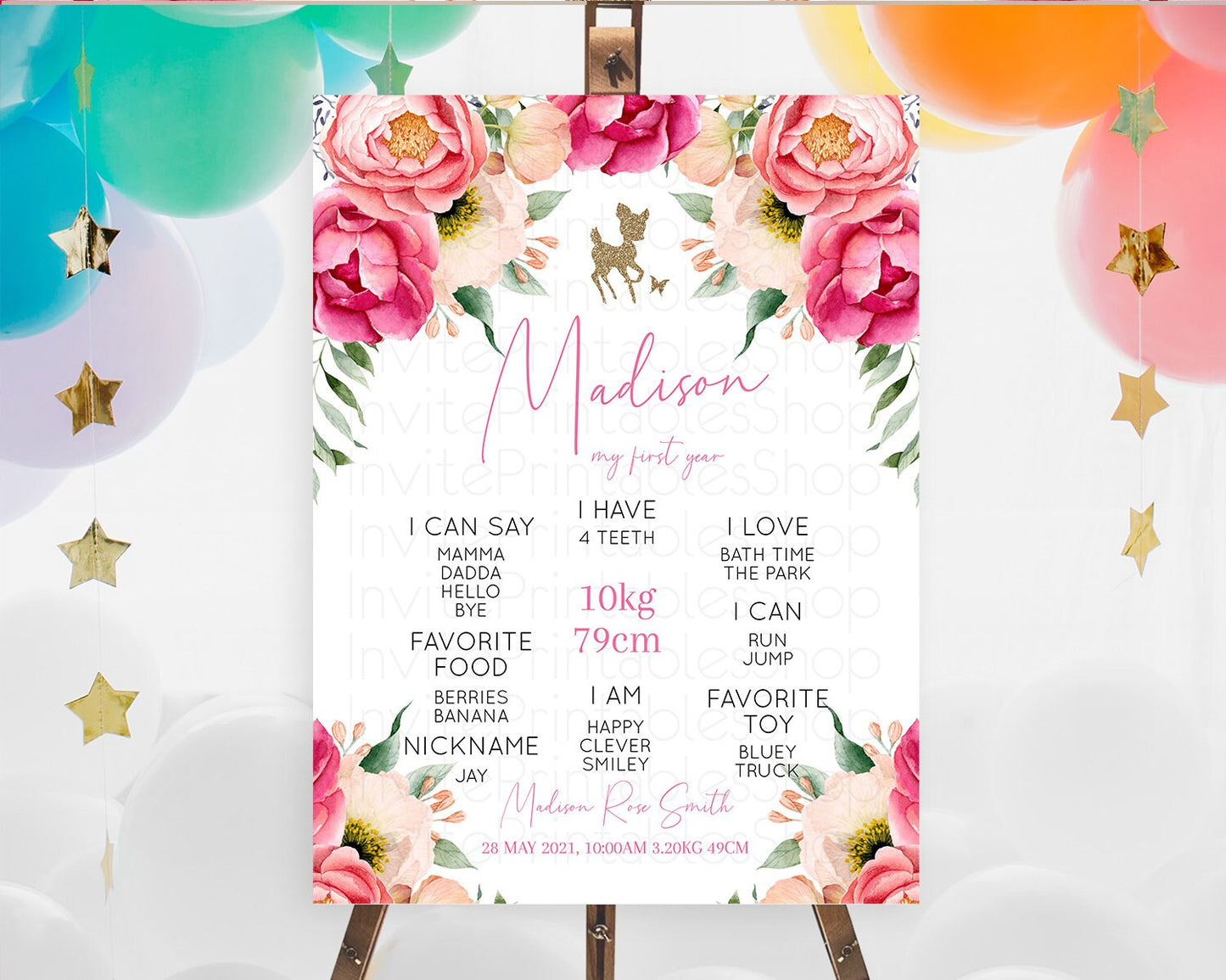 Fawn First Birthday Milestone Board Deer First Birthday Milestone Poster Enchanted Forest Butterfly Pastel Flowers 1st Birthday Sign D10326