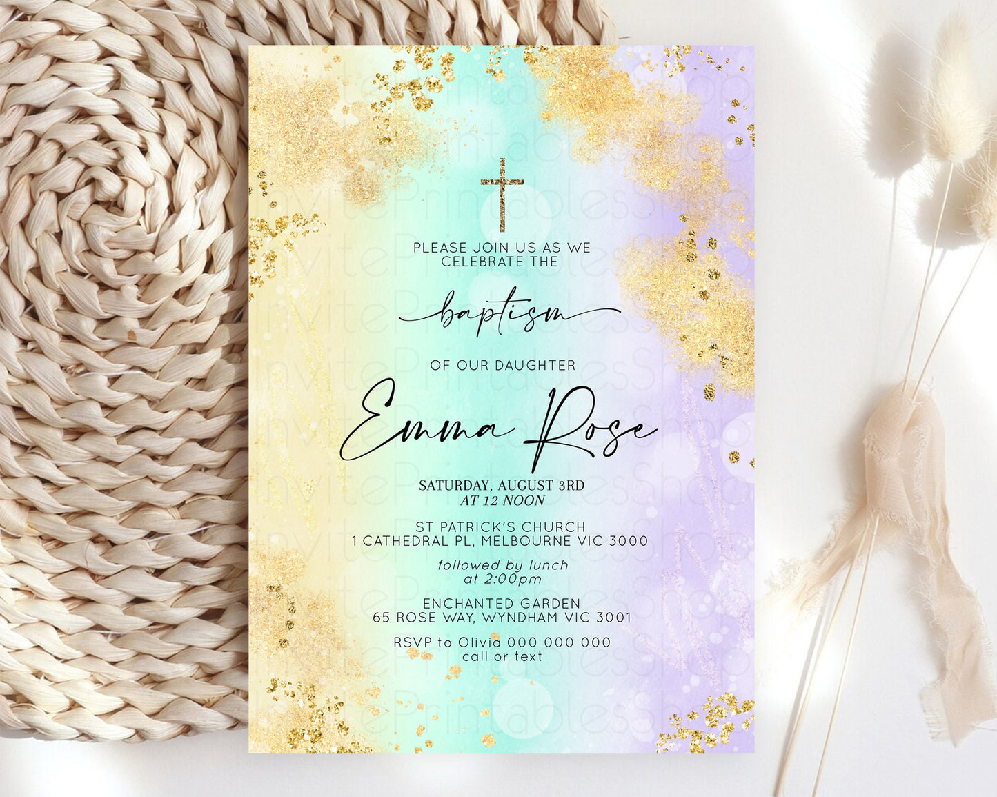 Editable Pastel Baptism Invitation Rainbow Christening Invitation Holy Commu