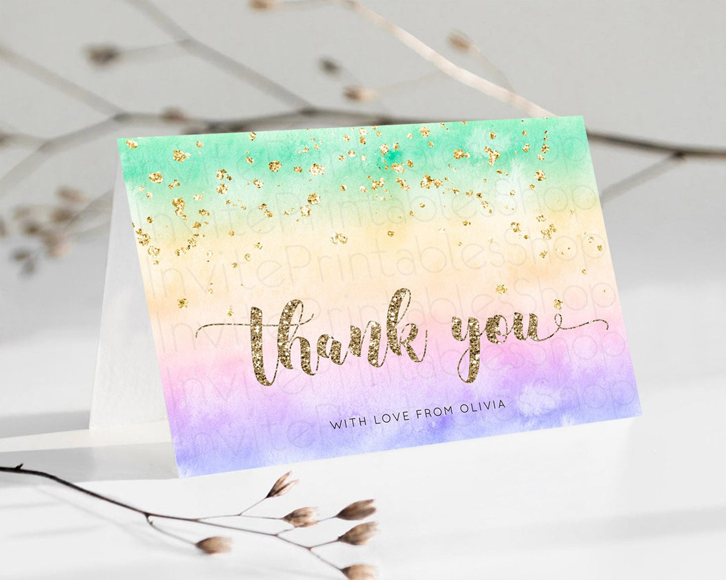 Pastel Thank You Rainbow Thank You Card Colorful Pastel Birthday Thank You Card Confetti Watercolor Pastel Teacher Thank You Cards D10478