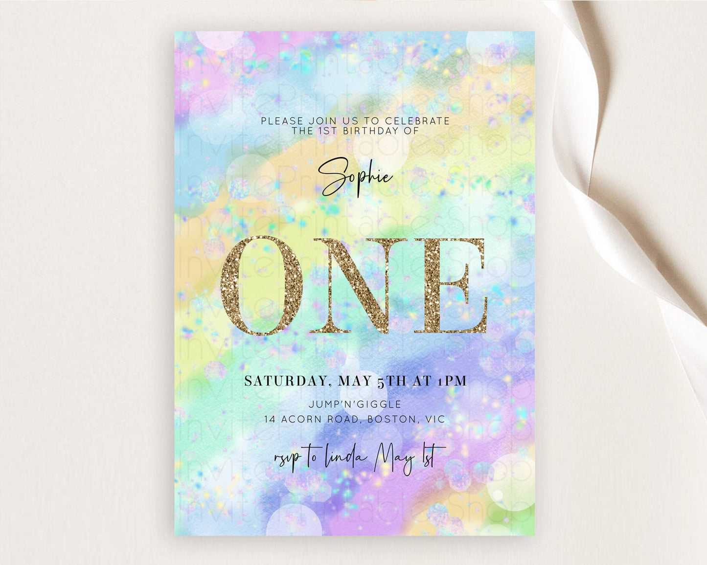 Rainbow Birthday Invitation Colorful Pastel Watercolor Invitation Gold Glitter Sprinkles Ombre Pastel 1st 2nd 3rd Birthday D10689