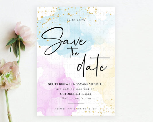 Editable Pastel Save The Date Template Pastel Ombre Rainbow Watercolor Color