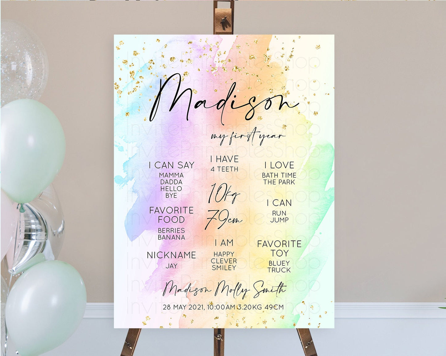 Pastel First Birthday Milestone Board Pastel Rainbow Milestone Poster Colorful Confetti Watercolor Glitter 1st Birthday Welcome Sign D10645