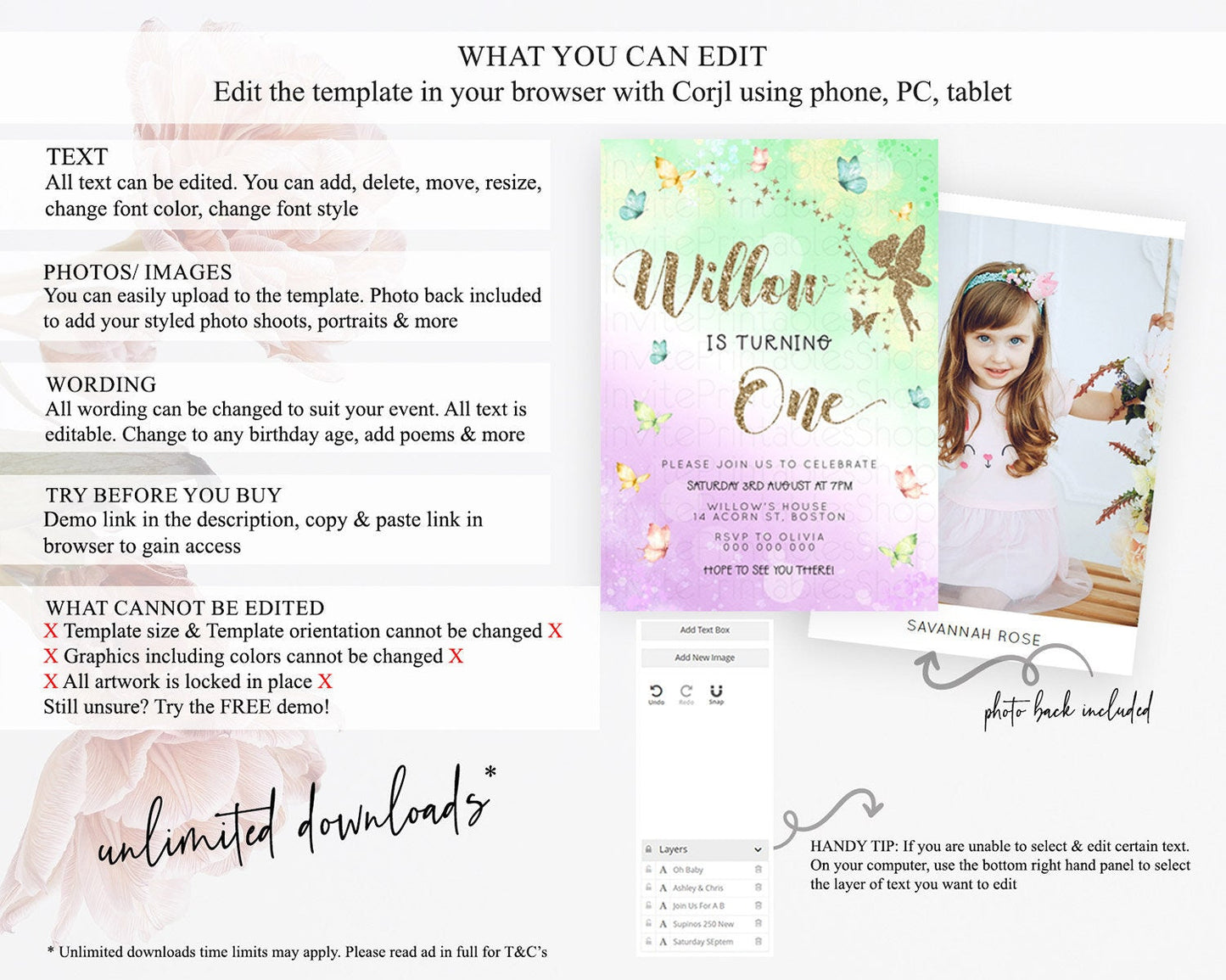 Pastel Fairy Birthday Invitation Pastel Butterflies Fairy Birthday Invitation Rainbow Ombre Watercolor 1st 2nd Birthday Invitation D23157