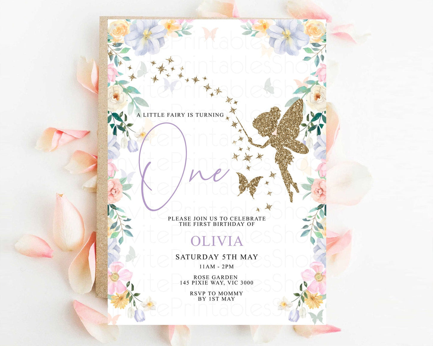 Fairy Birthday Invitation Glitter Fairy Invite Enchanted Garden Tinkerbell Invite Pastel Floral Invite Butterfly Garden Invite 1st 2nd F513