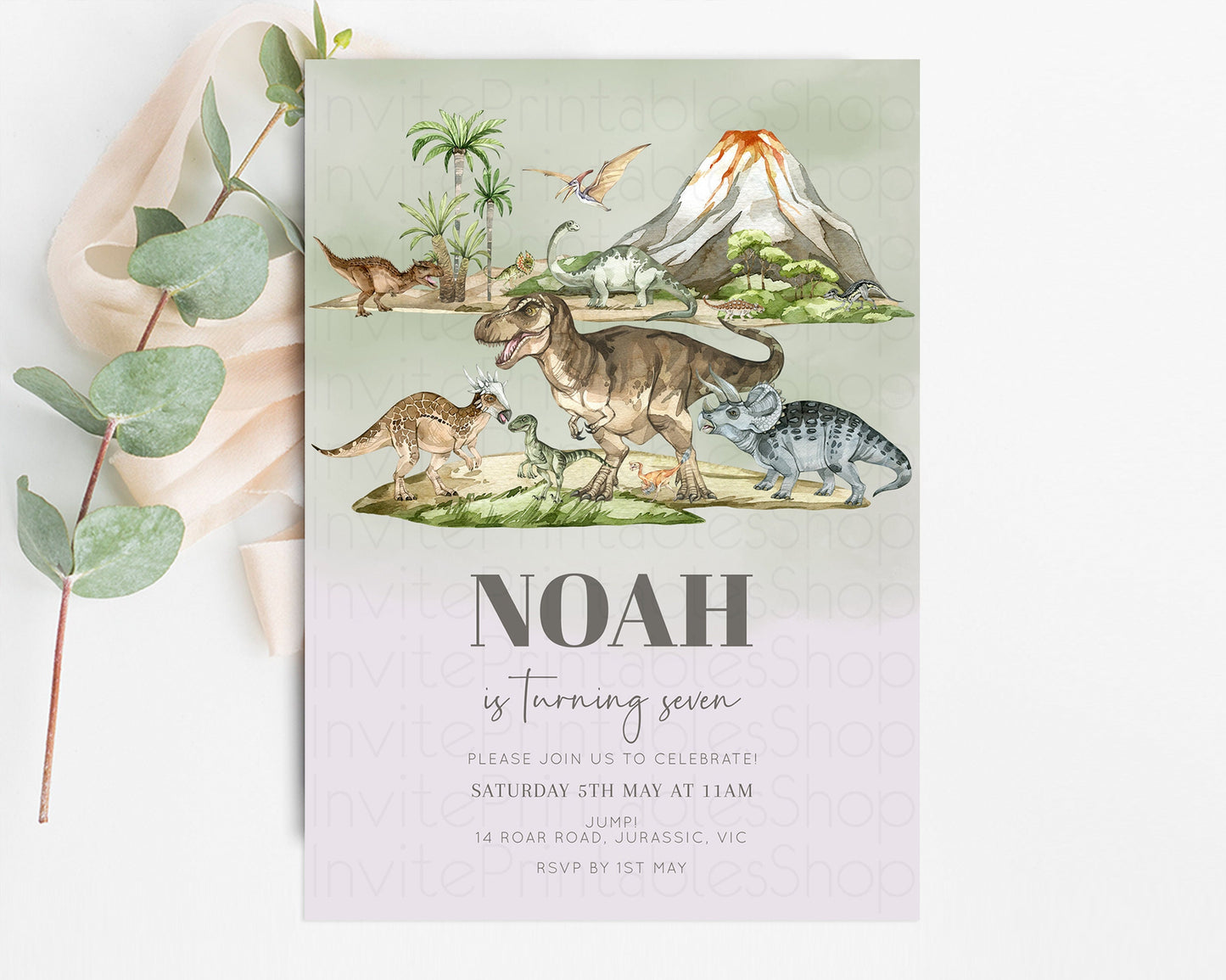 Dinosaur Birthday Invitation Dino Birthday Invitation Watercolor Dinosaur Earthy Volcano T-Rex Jurassic 1st 2nd 3rd 1st 2nd 3rd Birthday