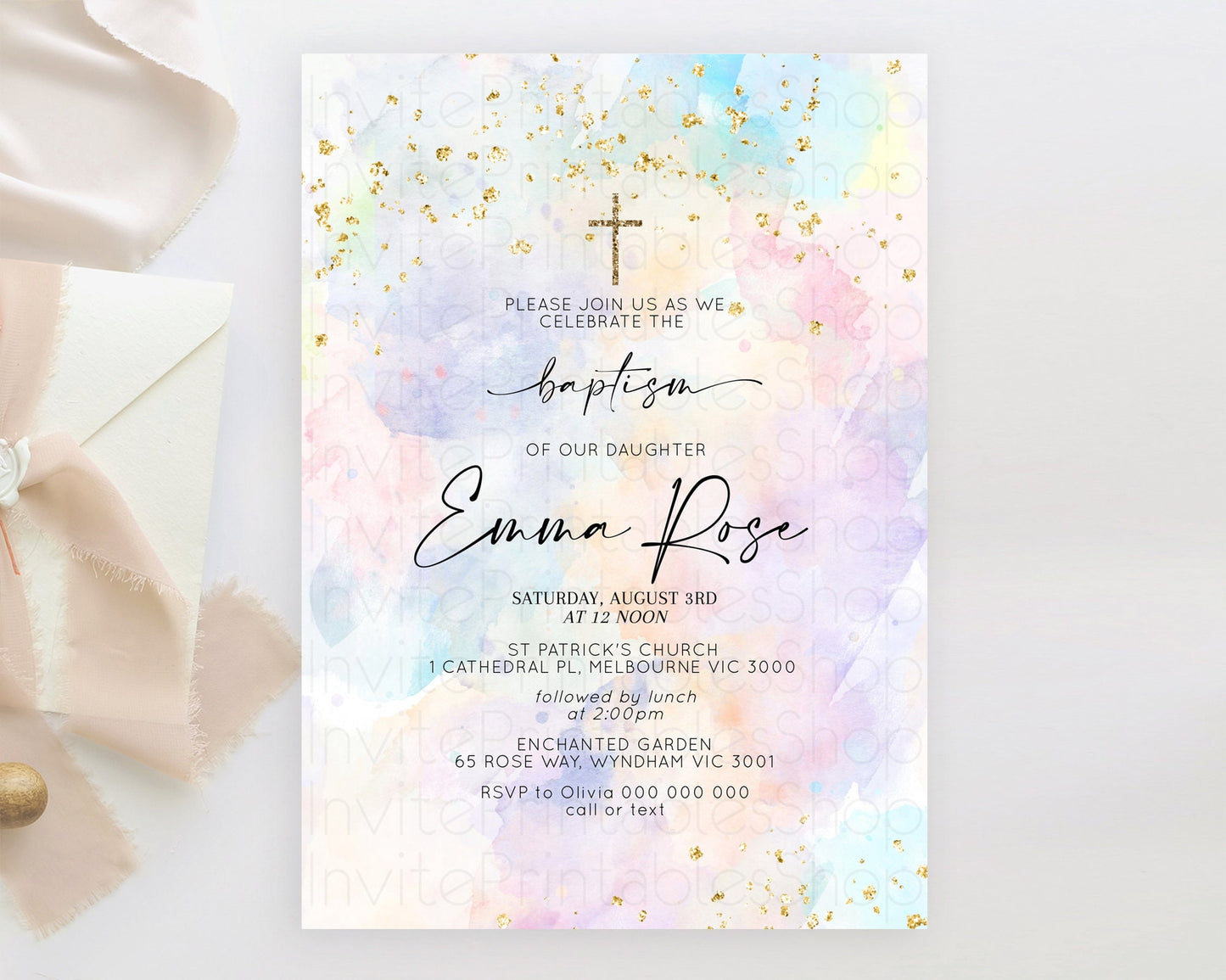 Pastel Baptism Invitation Pastel Colors Watercolor Baptism 1st Birthday Party Gold Ombre Pastel Rainbow Christening Holy Communion D10605