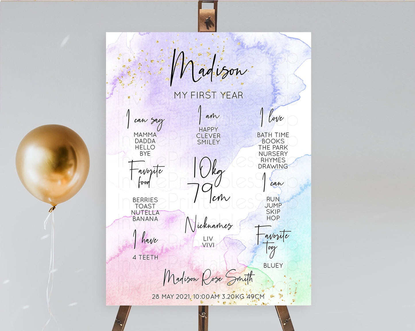 Pastel First Birthday Milestone Board Pastel Rainbow Milestone Poster Colorful Confetti Watercolor Glitter 1st Birthday Welcome Sign D10215