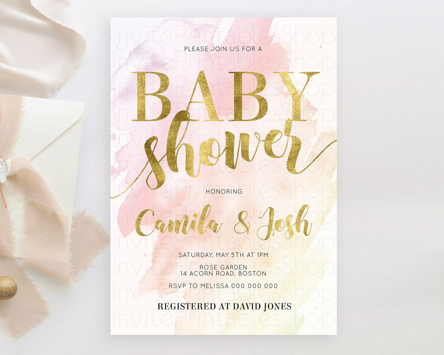 Pink Baby Shower Invitation Pink Watercolor Baby Shower Invitation Pastel Pink Watercolor Invitation Pink Splash Gold Invitation D11025