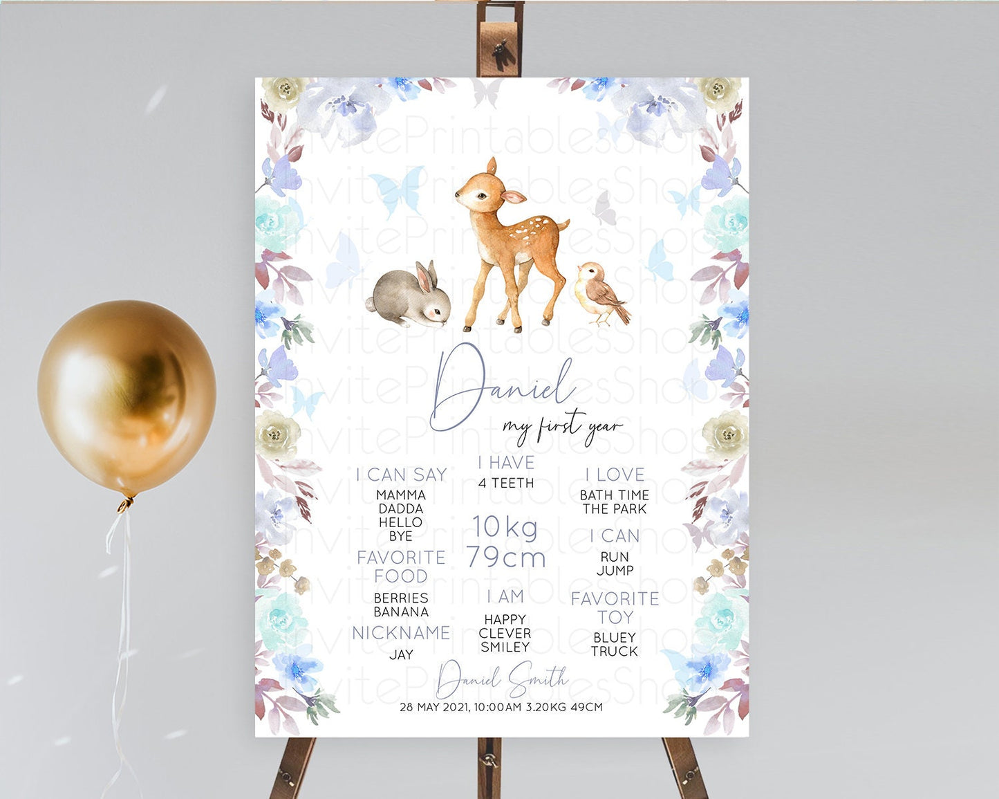 Fawn First Birthday Milestone Board Deer First Birthday Milestone Poster Enchanted Forest Butterfly Pastel Flowers 1st Birthday Sign D10929