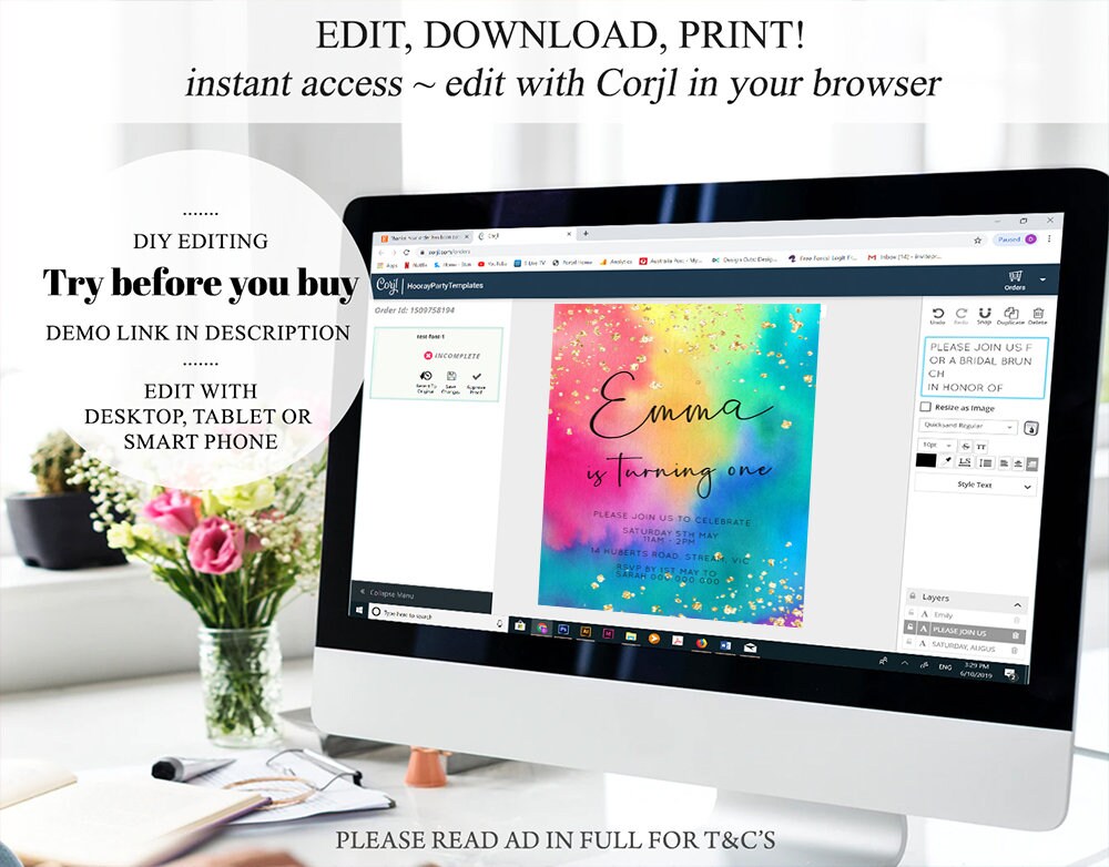 Tie Dye Rainbow Birthday Invitation Ombre Pastel Invitation Colorful Watercolor Splash Gold Glitter Sprinkles Printable Digital Invite