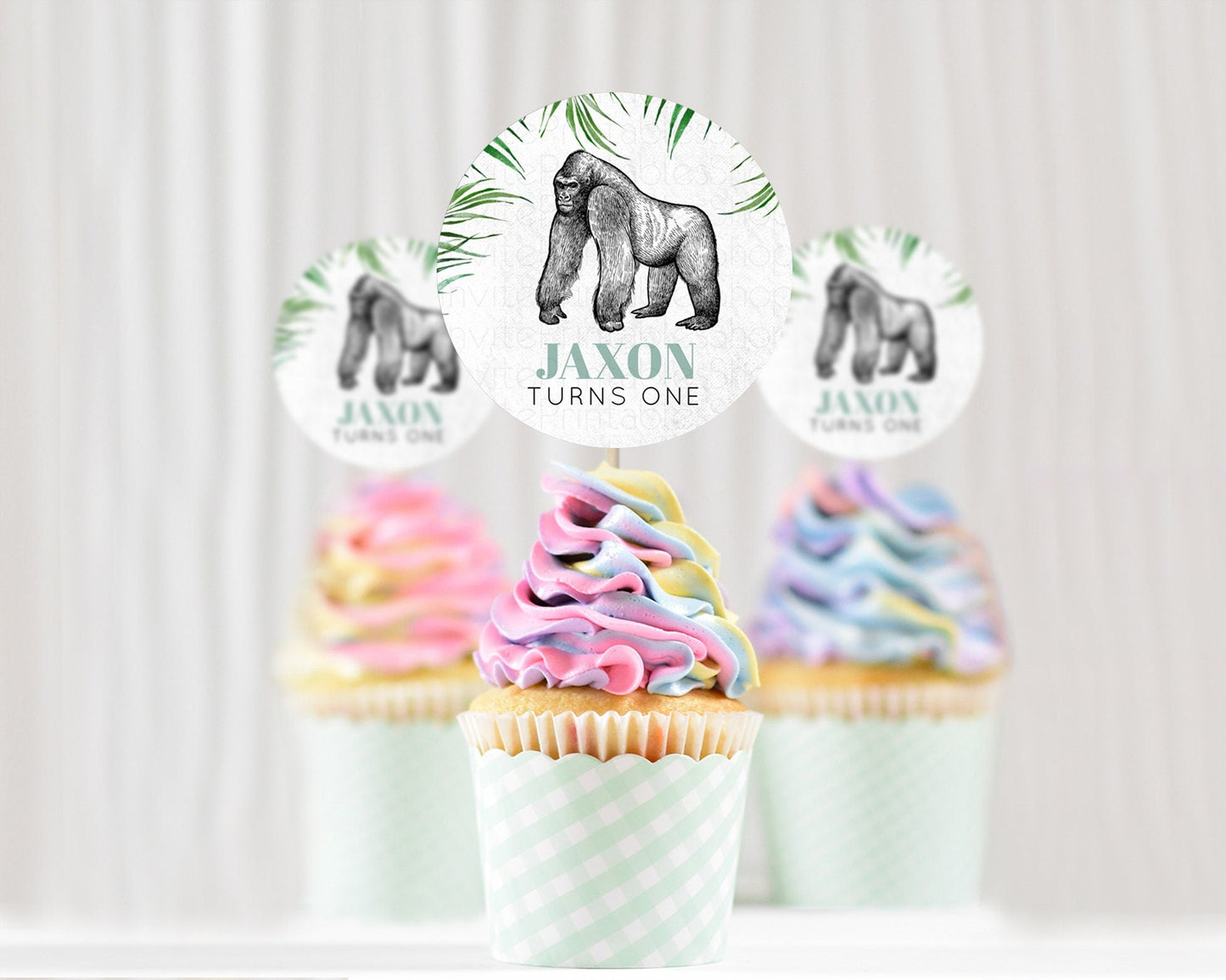 Gorilla Cupcake Toppers Jungle Gorilla Cupcake Gorilla Party Decor Gorilla Jungle Adventure Zoo Green Palm Leaf Fern First Birthday D10846